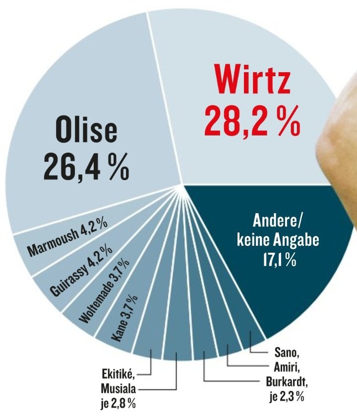 《踢球者》票選德甲賽季最佳球員：維爾茨28.2%，奧利塞第二