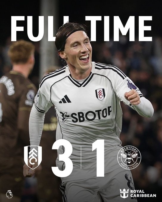 英超富勒姆3-1布倫特福德，伊沃比傳射、哈里-威爾遜破門