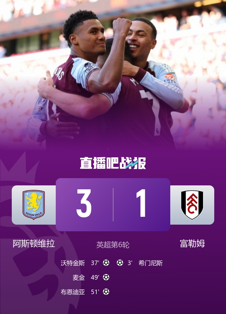 英超首勝！維拉3-1逆轉(zhuǎn)富勒姆 沃特金斯賽季首球卡什手球未判點(diǎn)